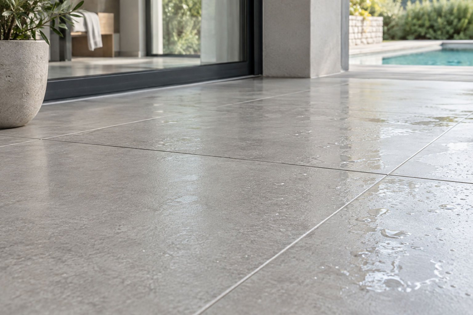 Piso liso de porcelanato com umidade superficial