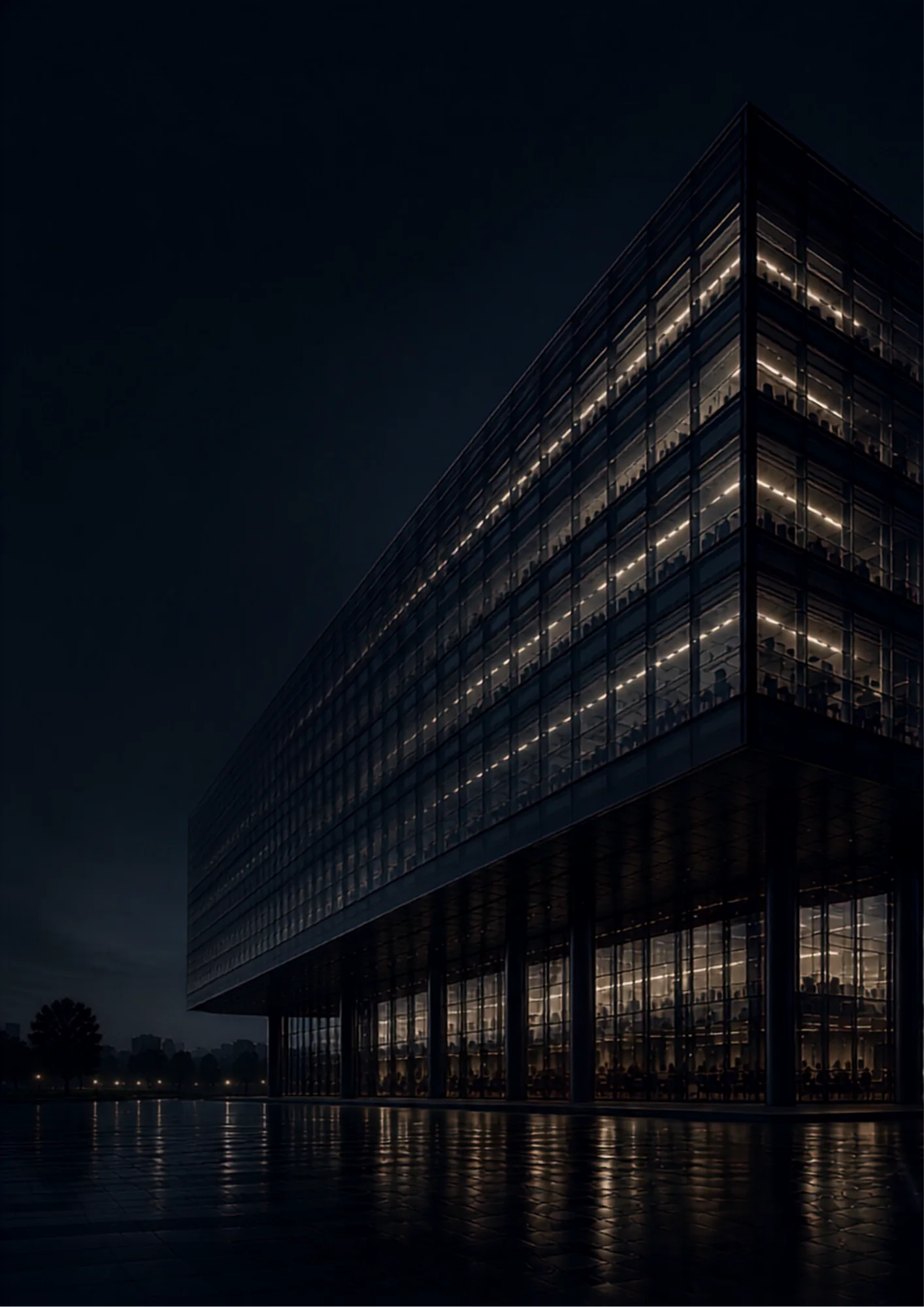 Edifício contemporâneo de vidro iluminado à noite