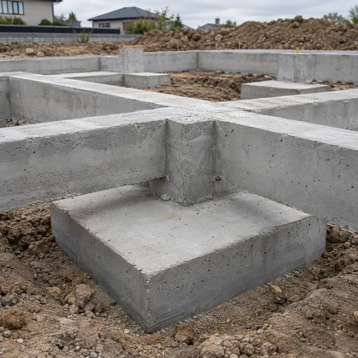 Fundações e vigas de concreto em uma obra residencial.
