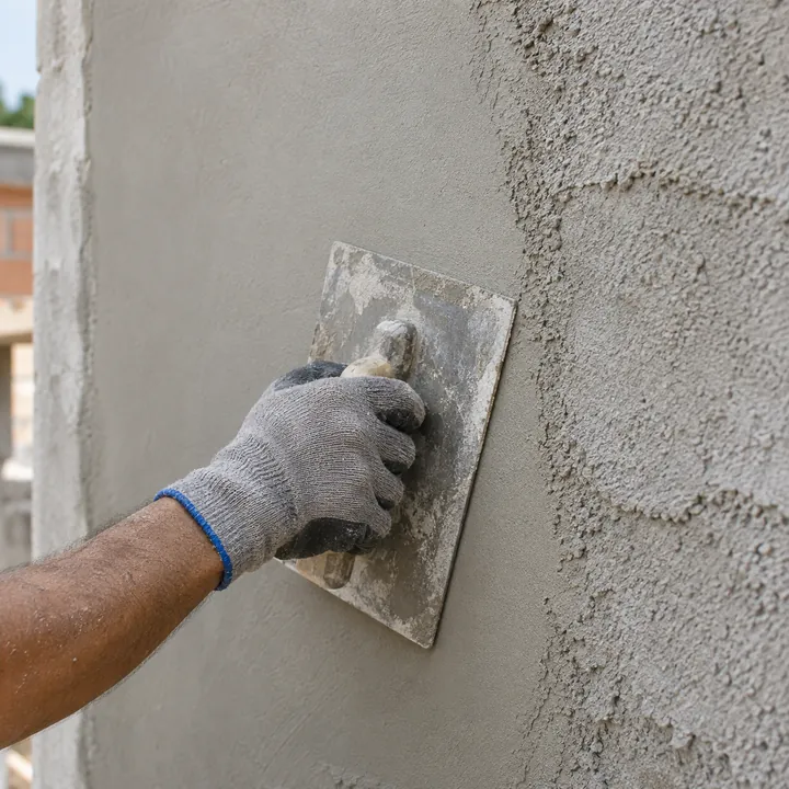 Regularização de reboco cimentício com desempenadeira e mão protegida por luva.
